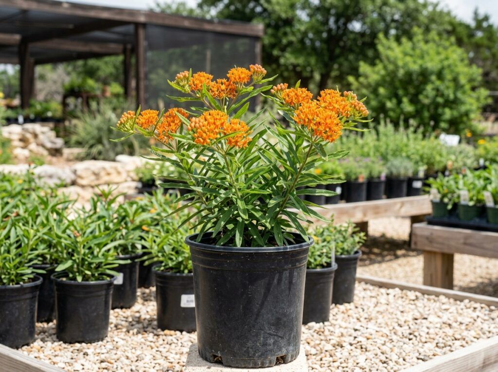 Mexican Butterfly Weed perennial in a nursery pot with green foliage and clusters of orange-red flowers.