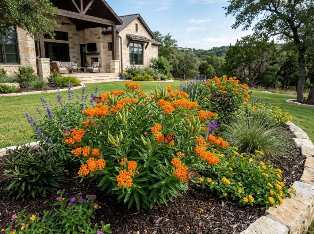 Mexican Butterfly Weed perennial with clusters of orange-red flowers and narrow green leaves in bloom.