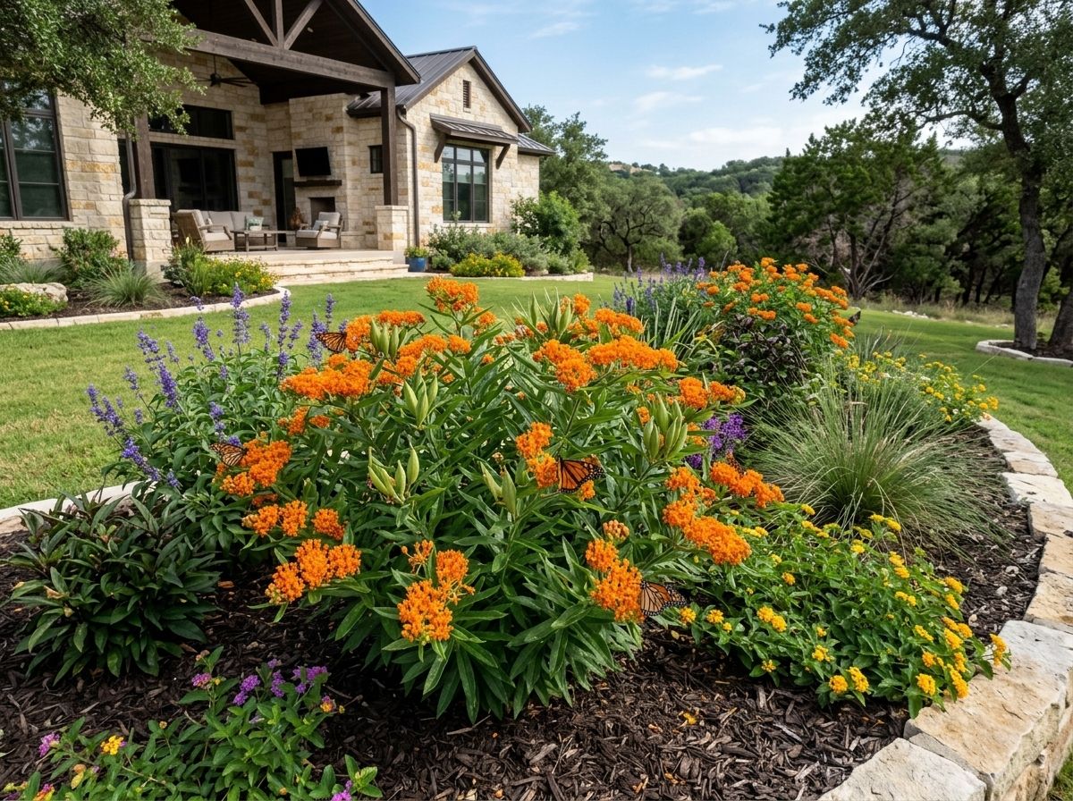 Mexican Butterfly Weed perennial with clusters of orange-red flowers and narrow green leaves in bloom.