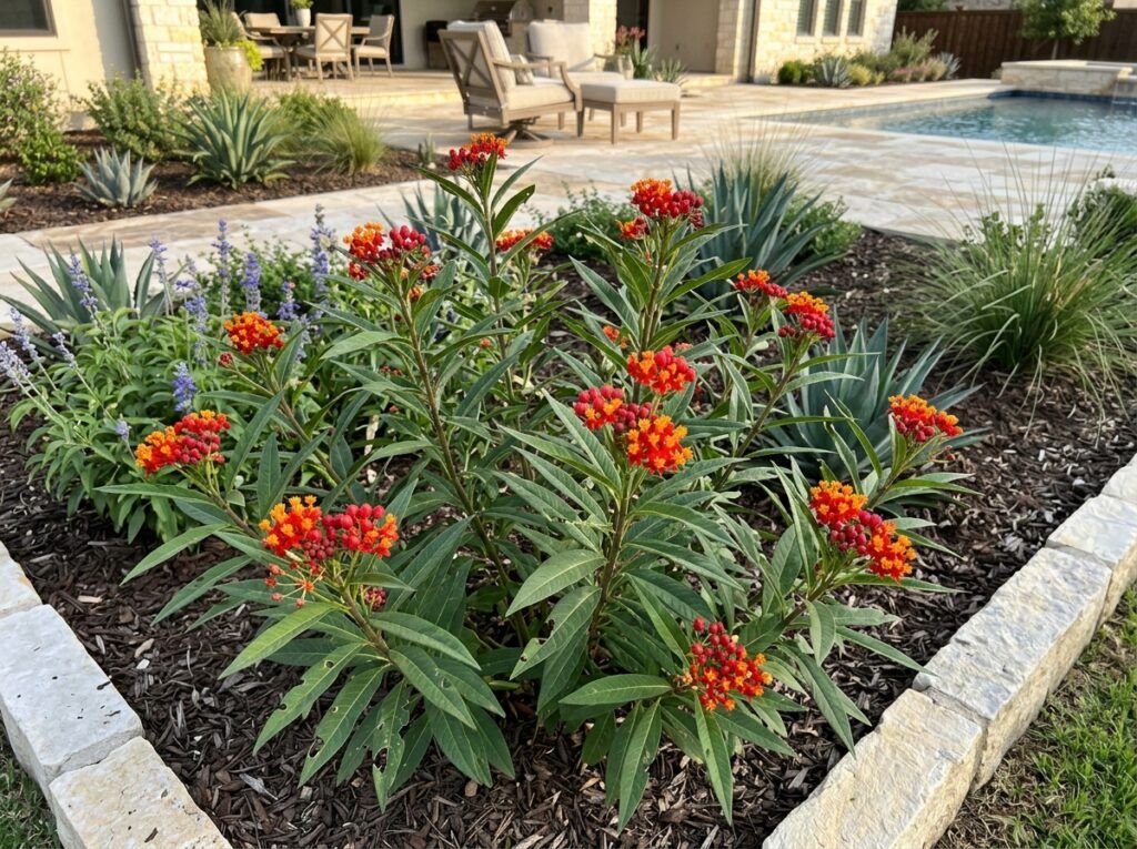 Mexican Milkweed with bright orange flower clusters and narrow green leaves in a garden bed.
