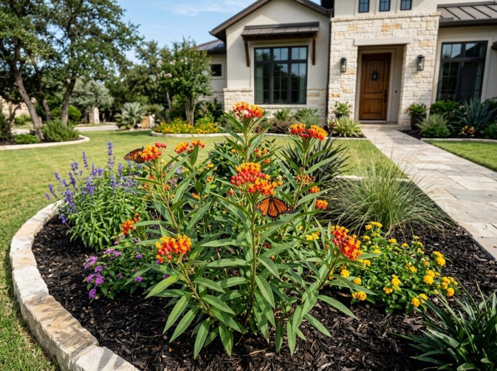 Mexican Milkweed perennial with clusters of orange and yellow flowers and narrow green leaves.