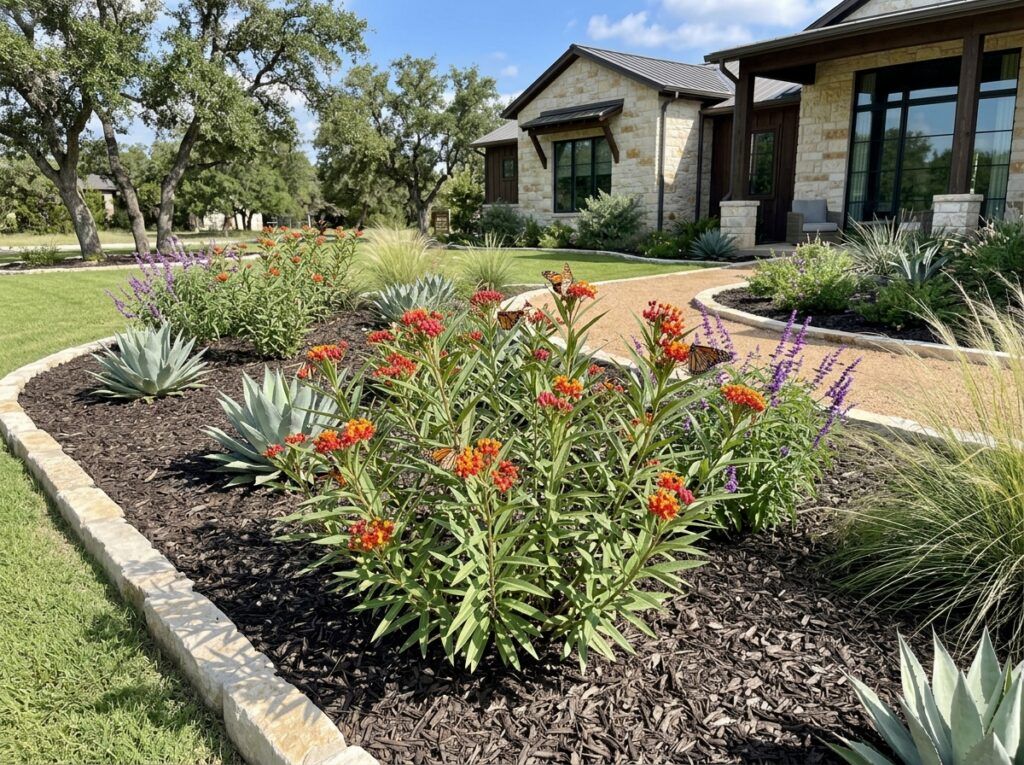 Mexican Milkweed perennial in bloom with orange flowers and narrow green leaves in a garden bed.