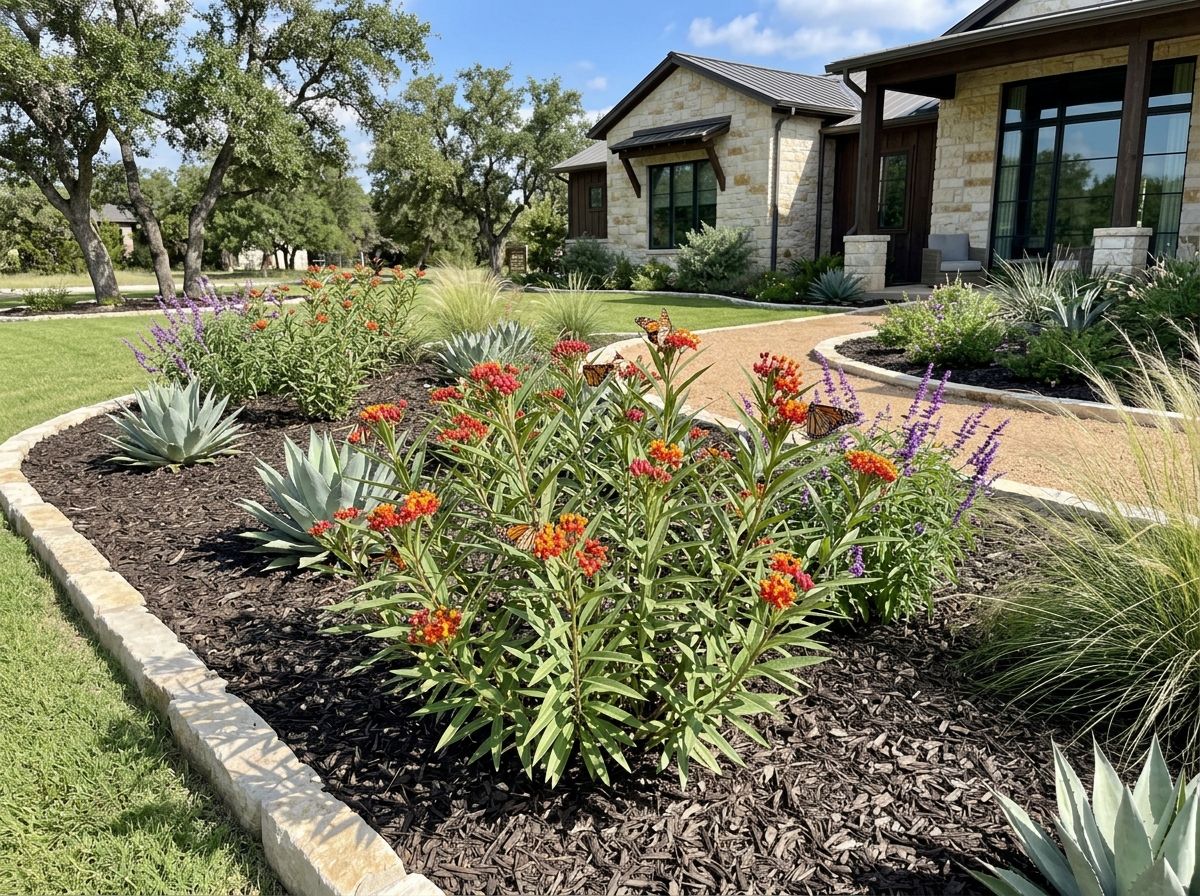 Mexican Milkweed perennial in bloom with orange flowers and narrow green leaves in a garden bed.