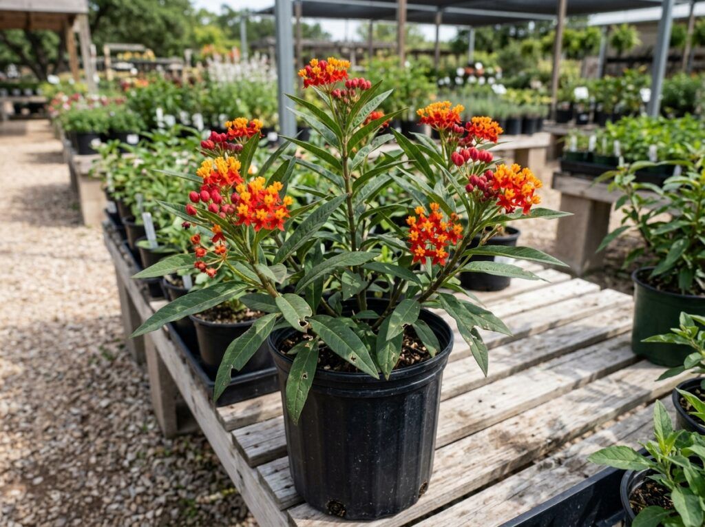 Mexican Milkweed perennial in nursery pot with green leaves and clusters of orange-red flowers.