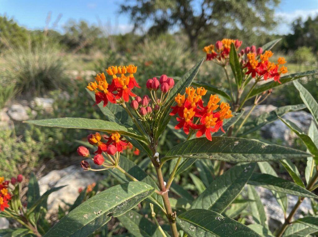 Mexican Milkweed perennial with orange flower clusters and narrow green leaves in a nursery pot.