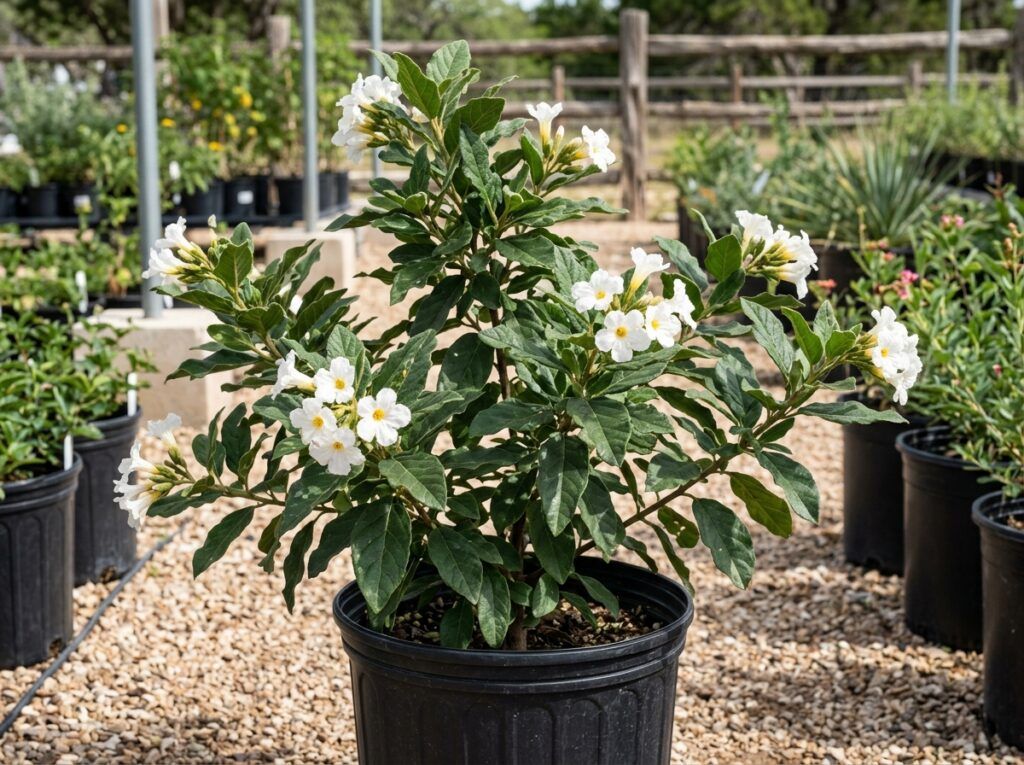 Mexican Olive tree with dense green foliage in a nursery container.
