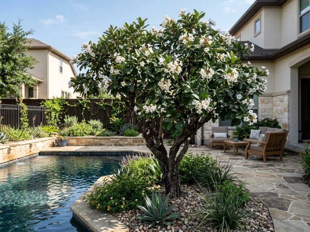 Mexican Olive tree with slender gray trunks and dense green foliage in a nursery container.