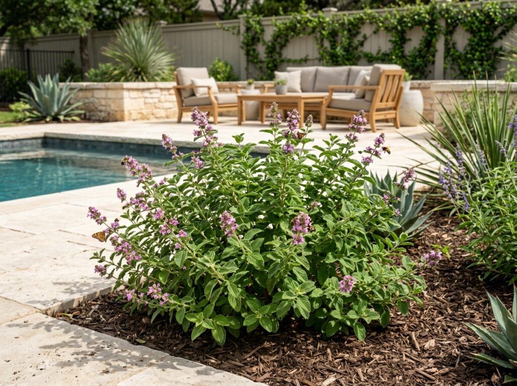Mexican Oregano in a black nursery pot with dense green foliage.