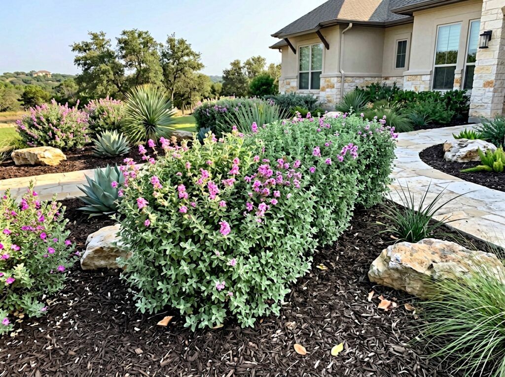 Mexican Oregano plant in a black nursery pot with dense gray-green foliage.