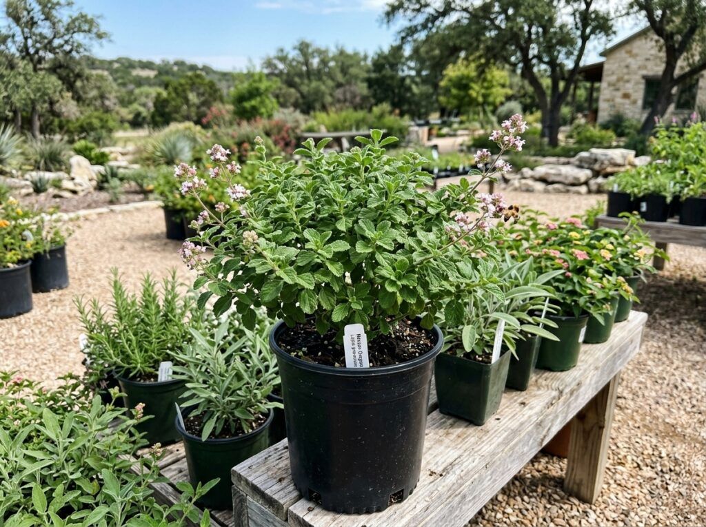 Mexican Oregano shrub in a black nursery pot, dense green foliage and small woody stems.