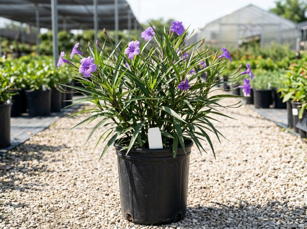 Mexican Petunia perennial in a black nursery pot with green foliage and several purple trumpet-shaped flowers.