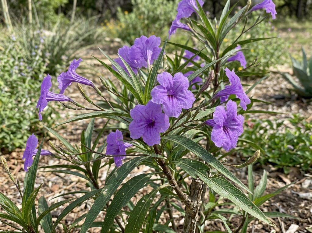 Mexican Petunia perennial in a nursery pot, with narrow green leaves and purple blooms.