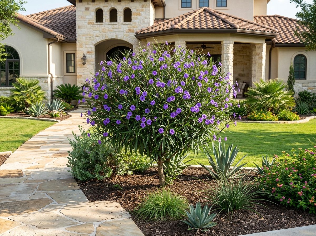 Mexican Petunia perennial with narrow green leaves and purple trumpet flowers growing in a garden bed.