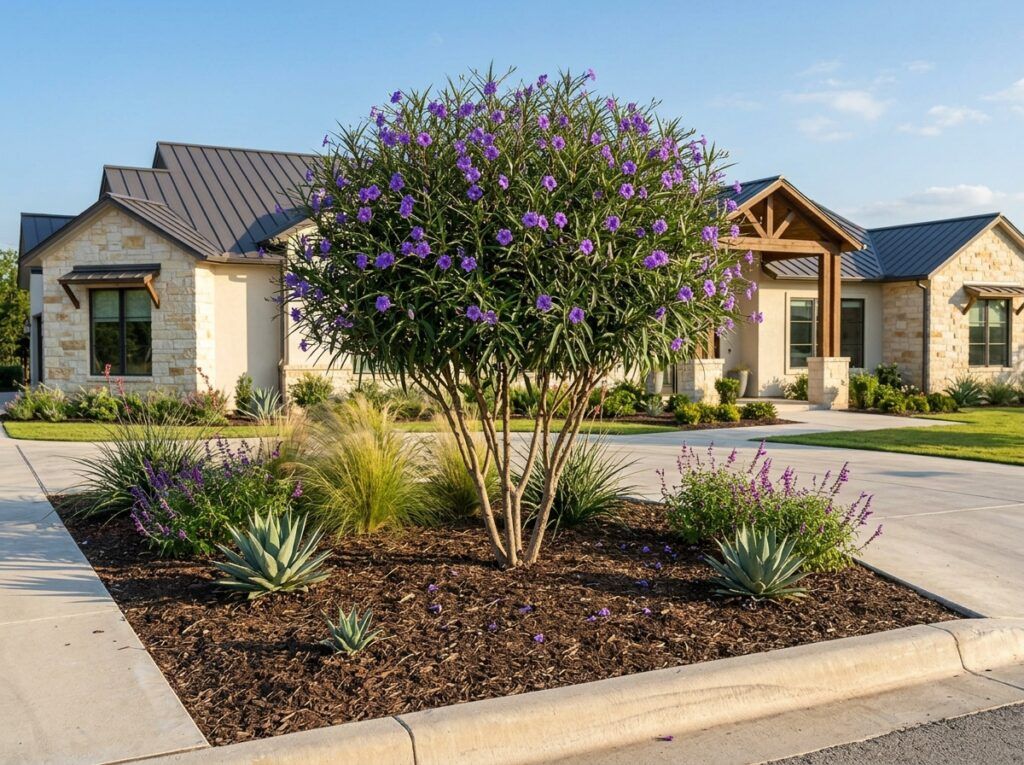 Mexican Petunia with purple trumpet flowers and narrow green leaves growing in a garden bed.