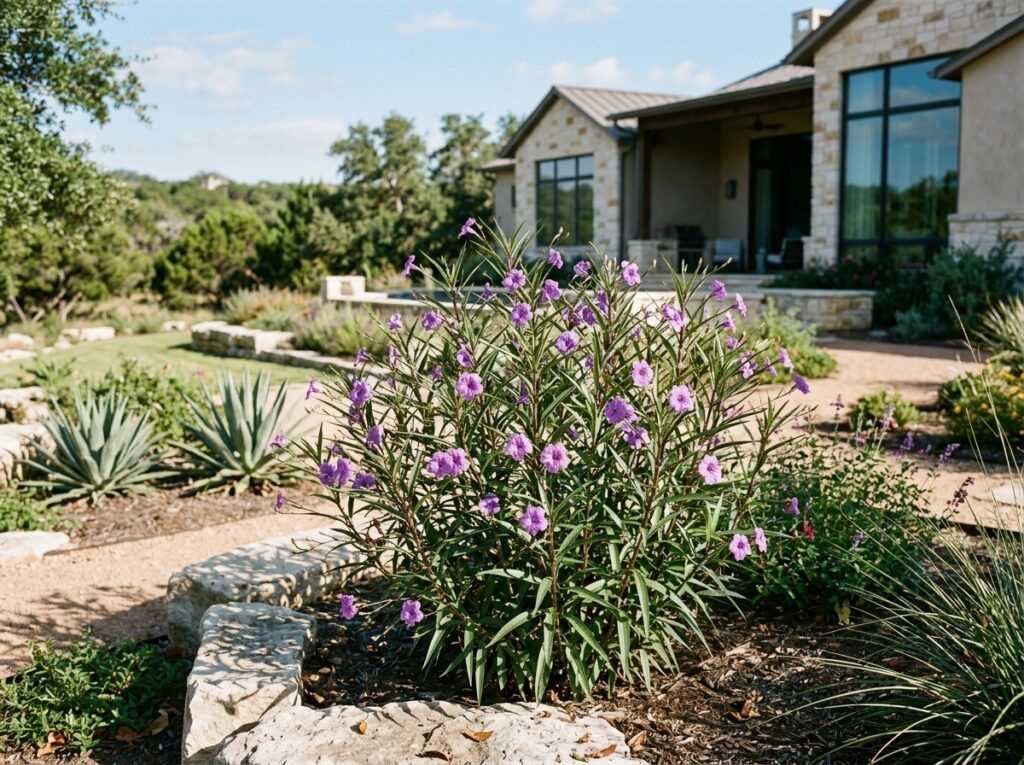 Mexican Petunia perennial with purple trumpet flowers and narrow green leaves in a container.