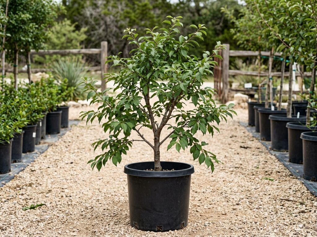 Mexican Plum tree with green foliage in a nursery container on a white background.