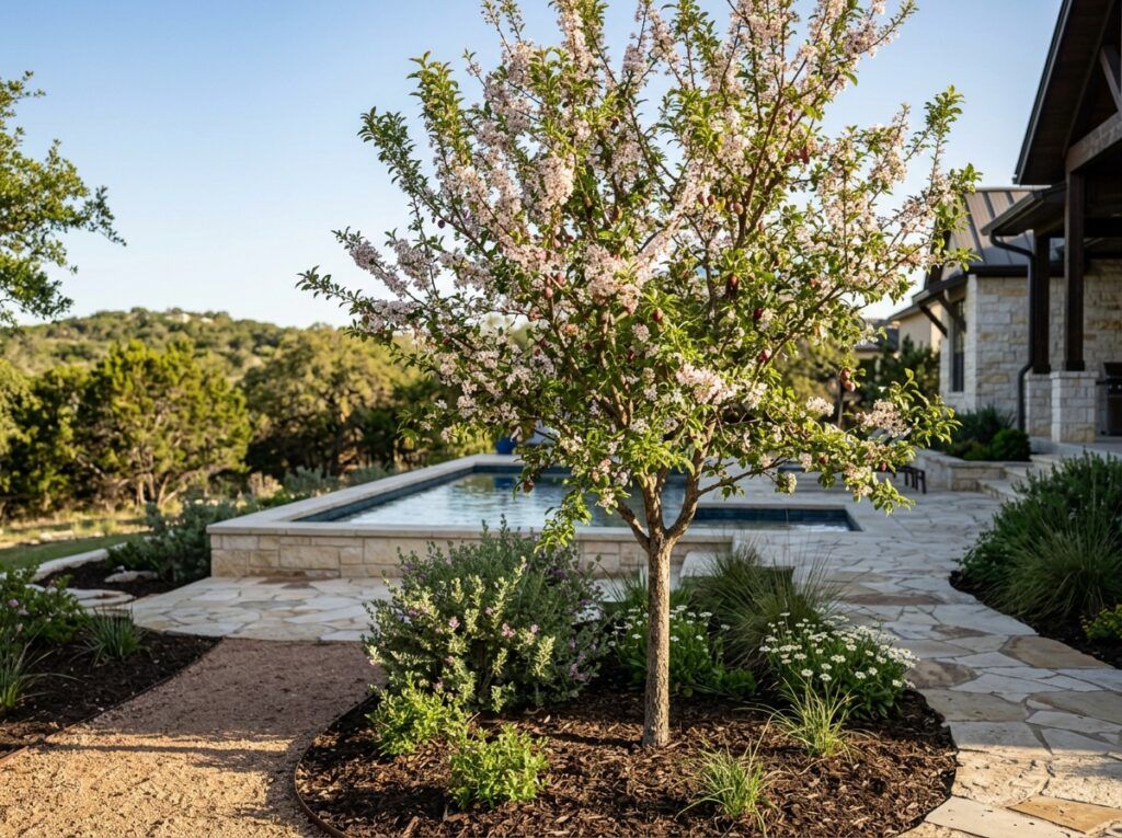 Mexican Plum tree in a black nursery pot with glossy green leaves on a white background.