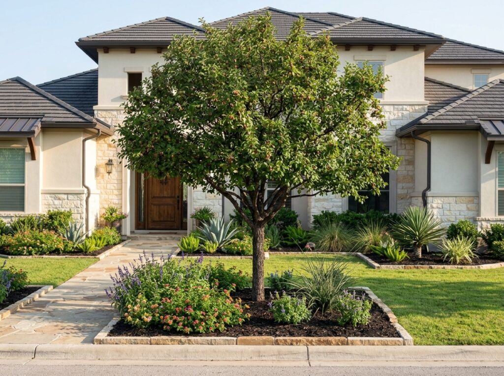 Mexican Plum tree in a nursery container with dense green foliage and slender branches.
