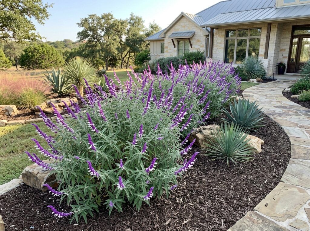 Mexican Sage perennial with purple flower spikes and gray-green foliage in a pot.