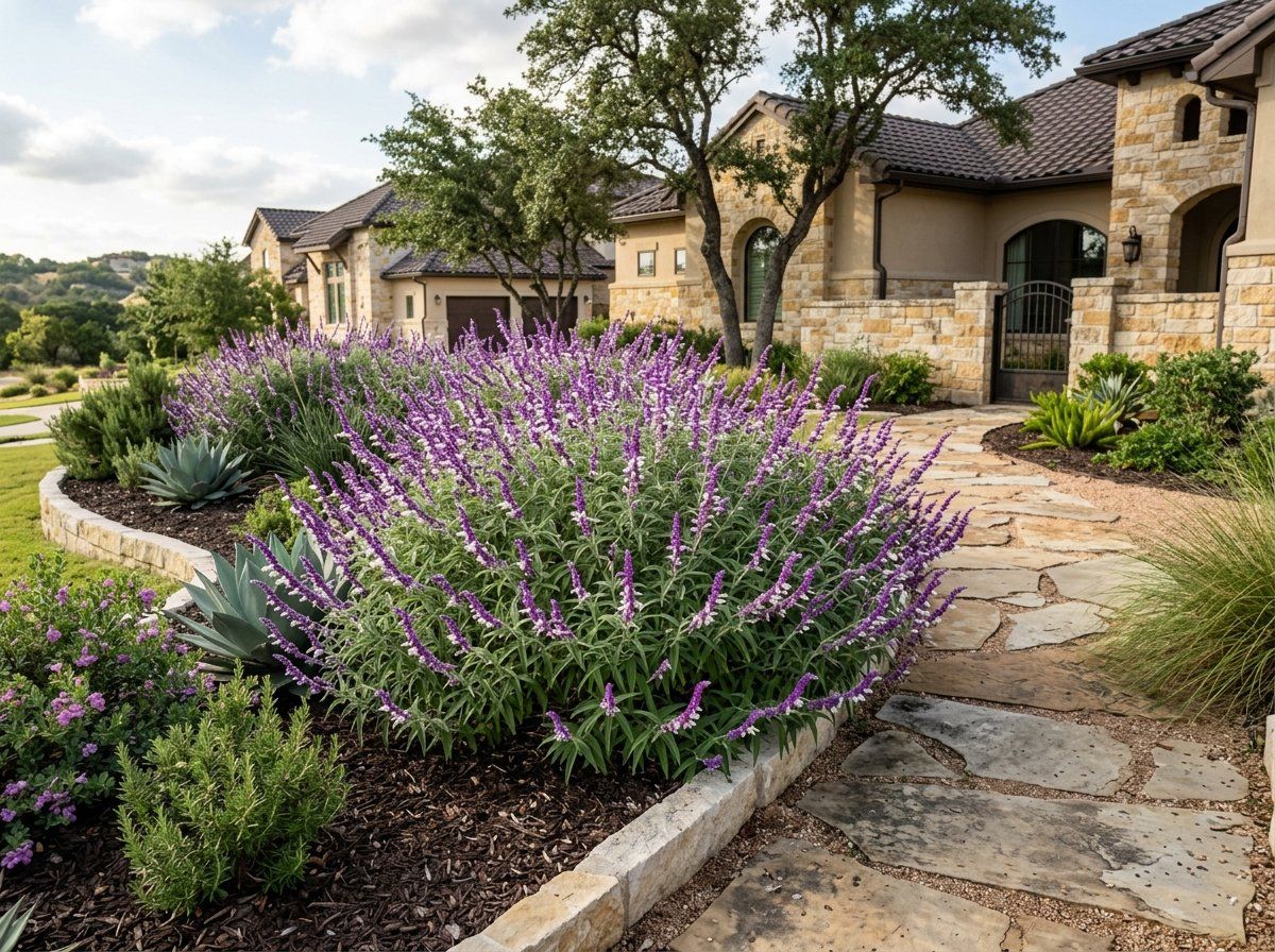 Mexican Sage perennial with purple flower spikes and silvery green foliage in a garden bed.