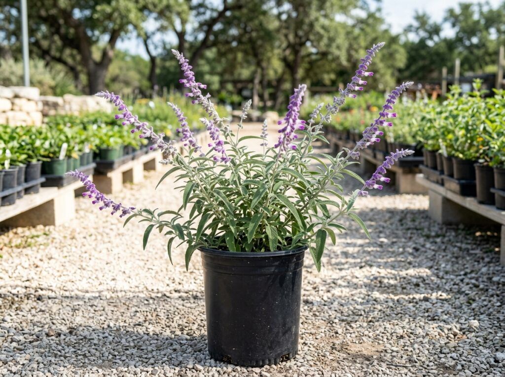 Mexican Sage perennial with tall purple flower spikes and gray-green foliage in a pot.