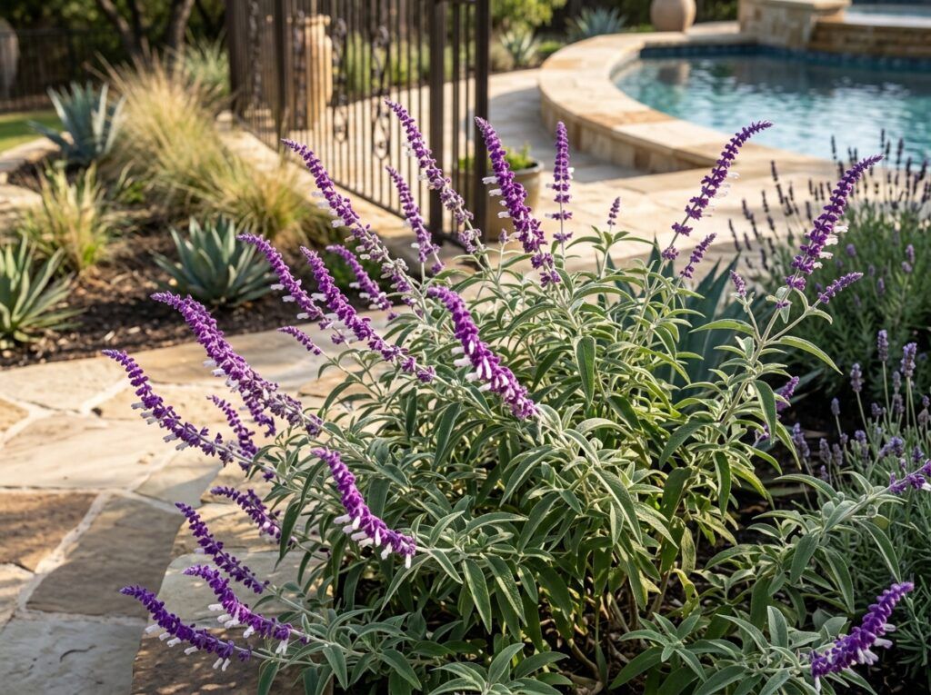 Mexican Sage perennial with arching gray-green foliage and purple flower spikes in bloom.