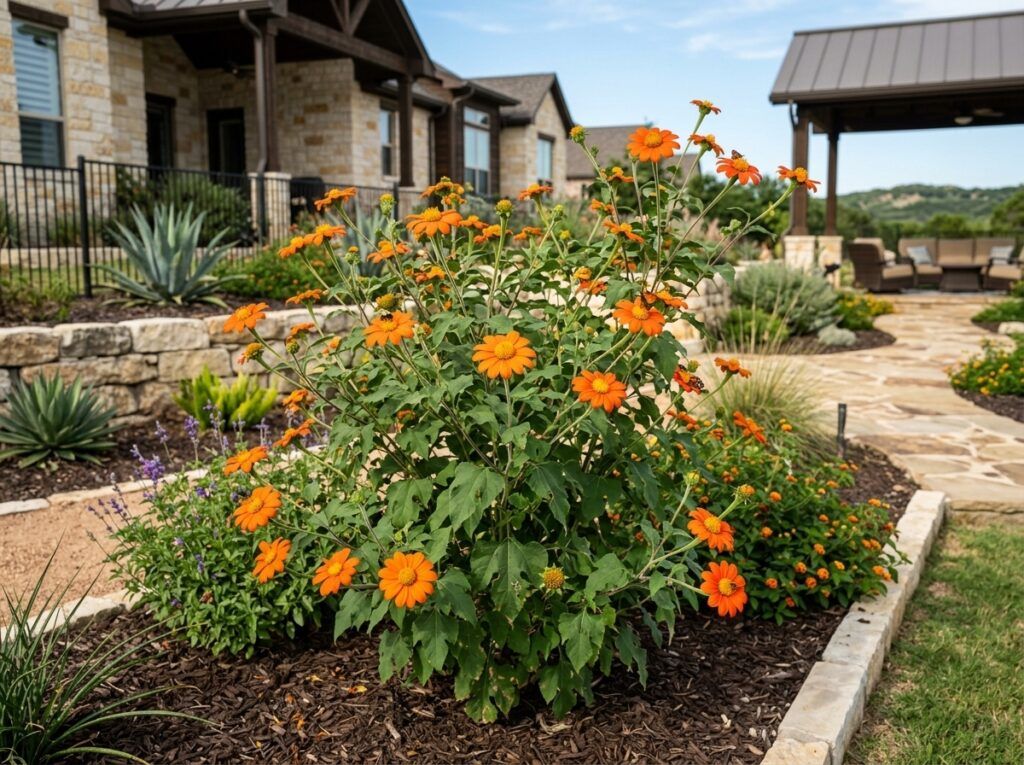 Mexican Sunflower with bright orange blooms and green foliage growing in a black nursery pot.