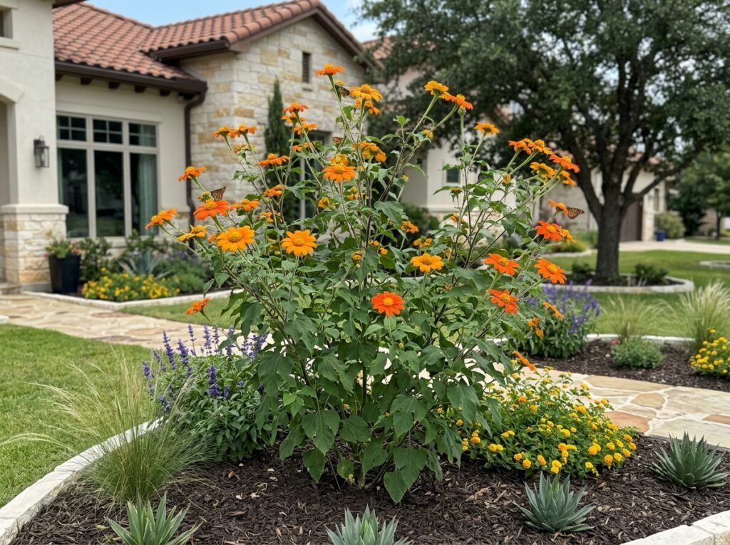 Mexican Sunflower flowering perennial with bright orange daisy-like blooms and lush green foliage in a garden bed.