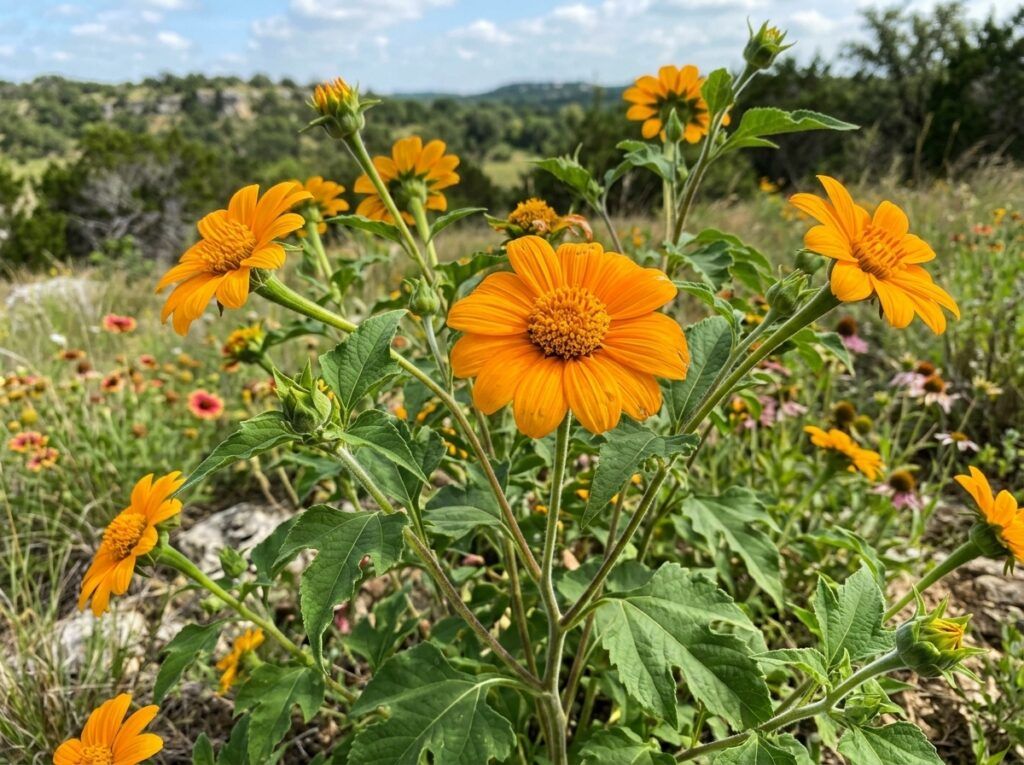 Mexican Sunflower plant with bright orange blooms and dense green foliage in a garden setting.