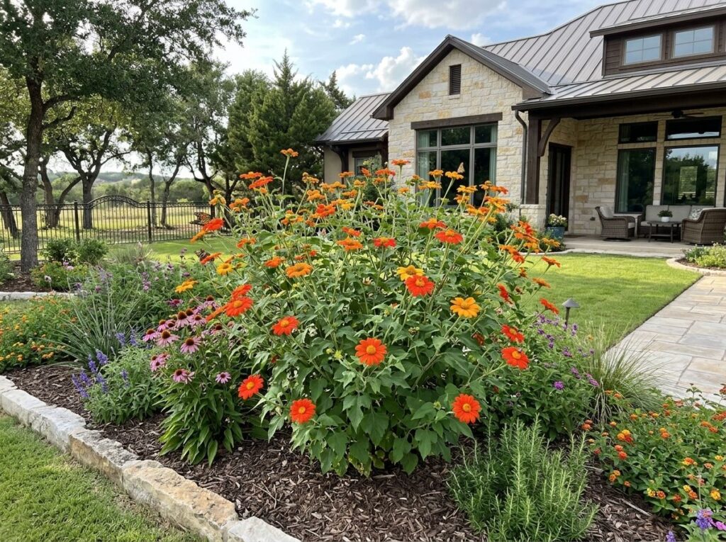 Mexican Sunflower plant with bright orange daisy-like blooms and lush green leaves in a garden bed.