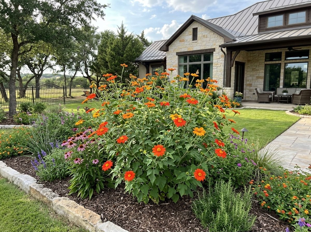 Mexican Sunflower plant with bright orange daisy-like blooms and lush green leaves in a garden bed.