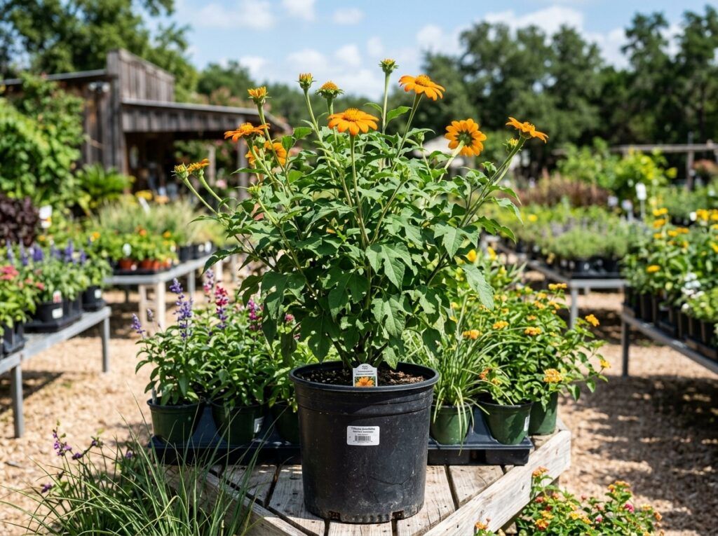Mexican Sunflower with bright orange daisy-like blooms and lush green foliage in a garden bed.