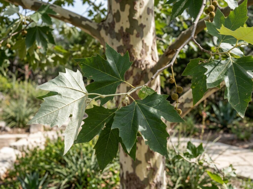 Mexican Sycamore tree with broad green canopy and pale, mottled trunk growing in a landscaped yard.