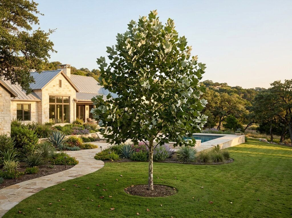 Mexican Sycamore tree with broad green canopy and mottled white-brown bark growing in a landscaped yard.