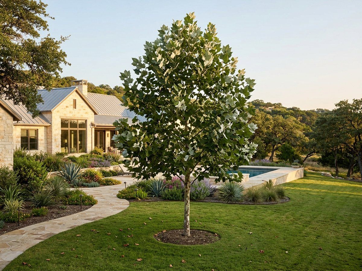Mexican Sycamore tree with broad green canopy and mottled white-brown bark growing in a landscaped yard.