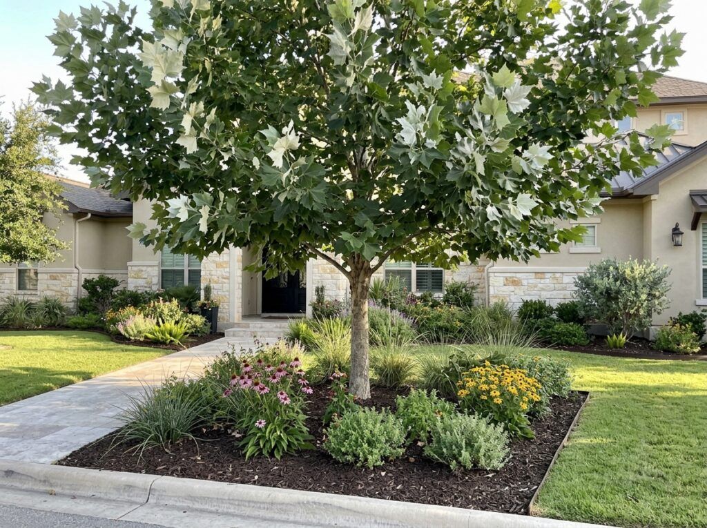 Mexican Sycamore tree with lush green leaves, shown as a young specimen in a nursery container.