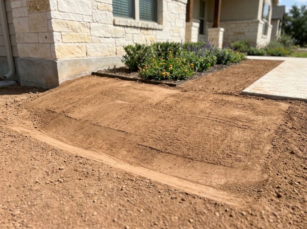 Minor Lawn Regrading drainage install with fresh soil slope directing runoff away from foundation beside lawn.