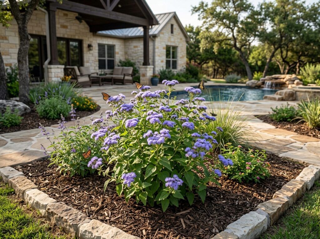 Mist Flower perennial in a nursery pot with clusters of fuzzy purple-blue blooms and green foliage.