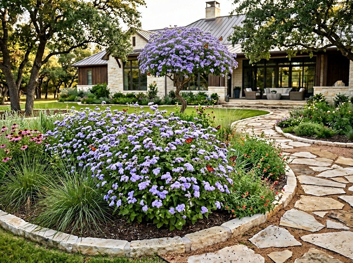 Mist Flower perennial with clusters of fluffy lavender blooms and green leaves in a garden bed.