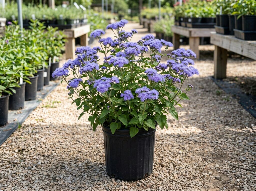 Mist Flower perennial with clusters of fluffy lavender blooms and green leaves in a garden bed.