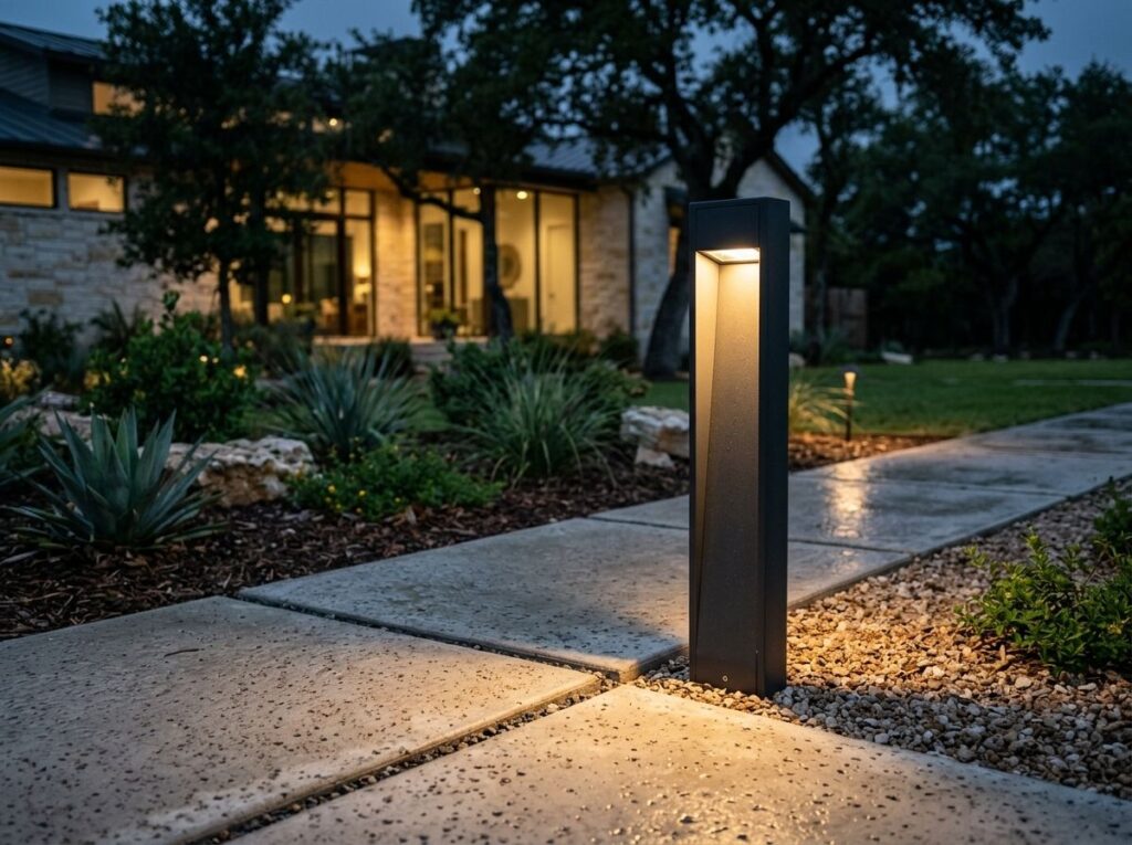 Modern Bollard Light landscape lighting shown as a black bollard fixture on a walkway casting downward glow.