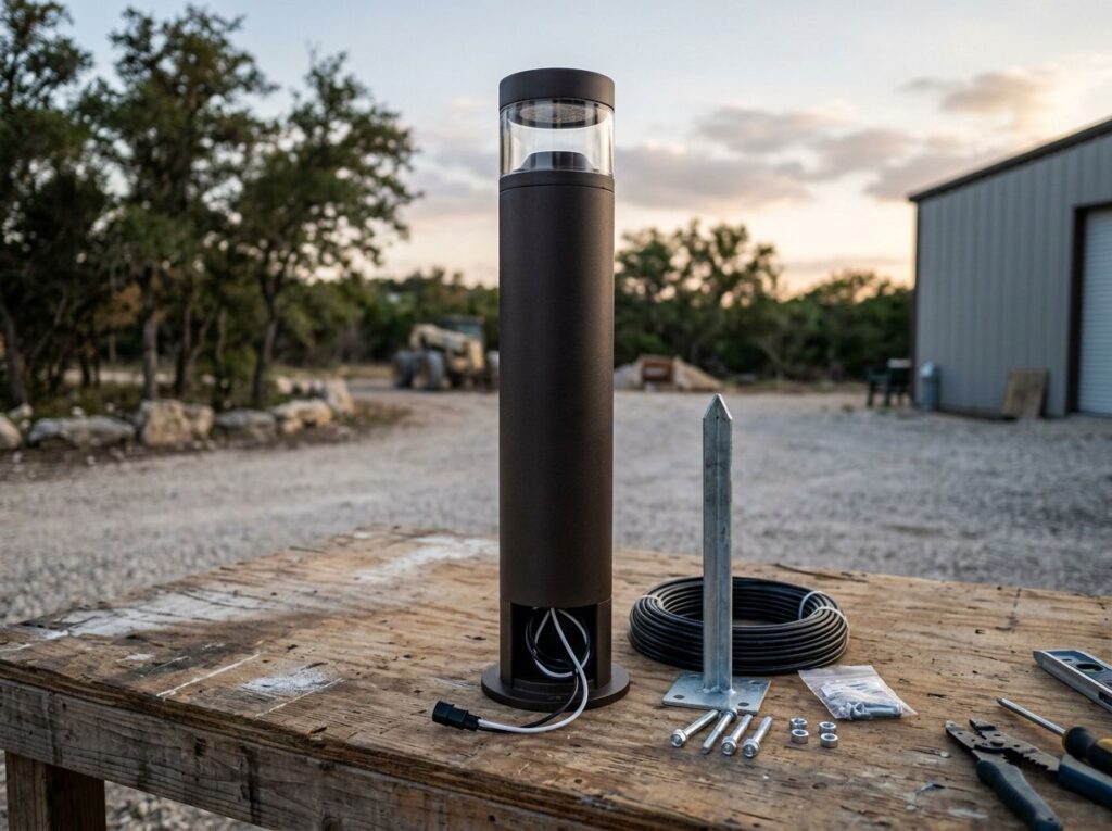 Modern Bollard Light bollard landscape lighting in black finish, casting downward path illumination.