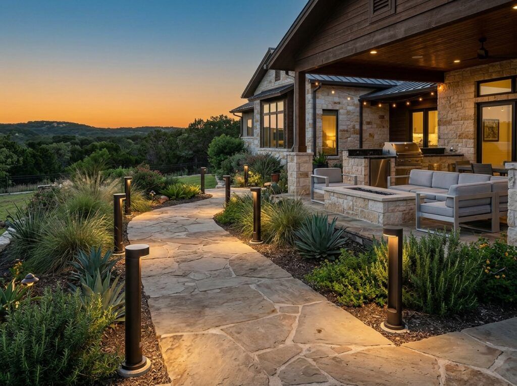 Modern Bollard Light landscape lighting lines a garden path, black bollards casting soft downward beams.