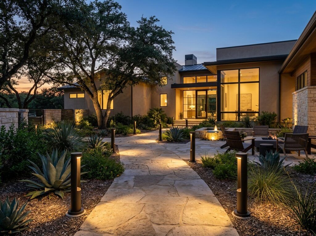 Modern Bollard Light landscape lighting installed along a walkway, casting downward light from a black post.