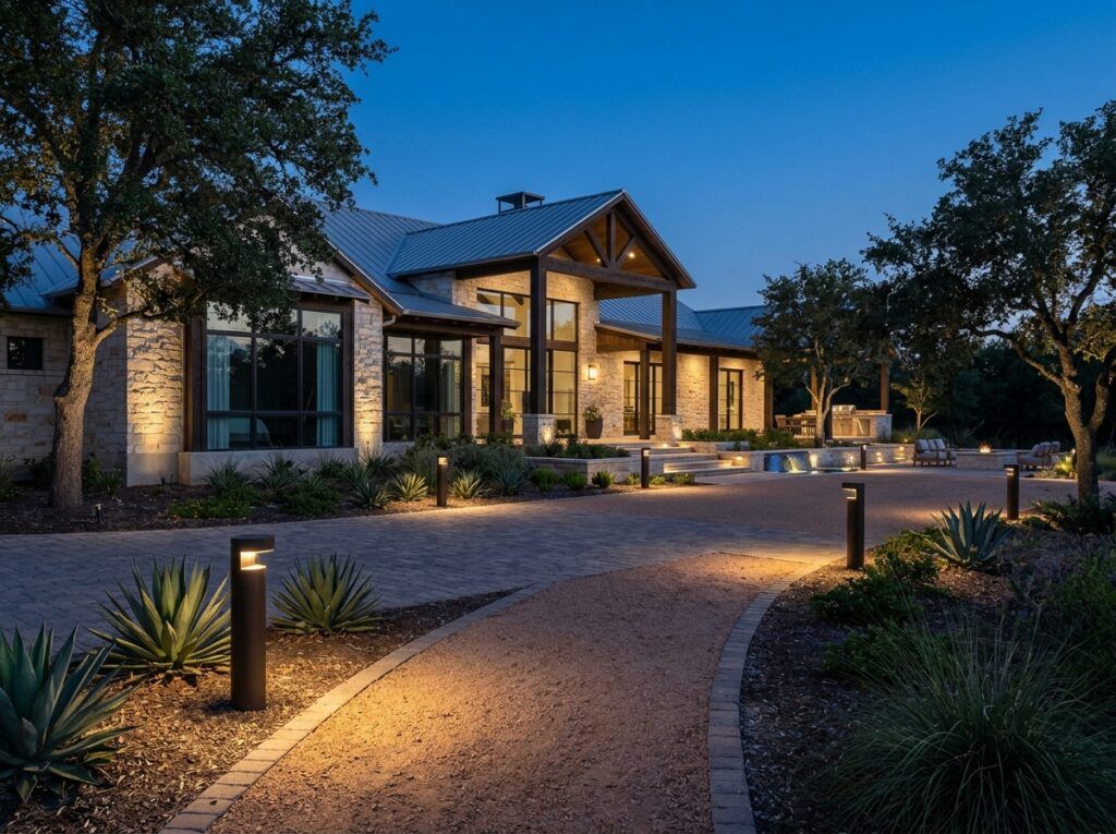 Modern Bollard Light landscape lighting lines a walkway, matte black posts casting warm downward path light.