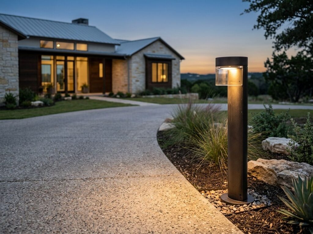 Modern Bollard Light landscape lighting bollard in matte black, glowing beside a garden path.