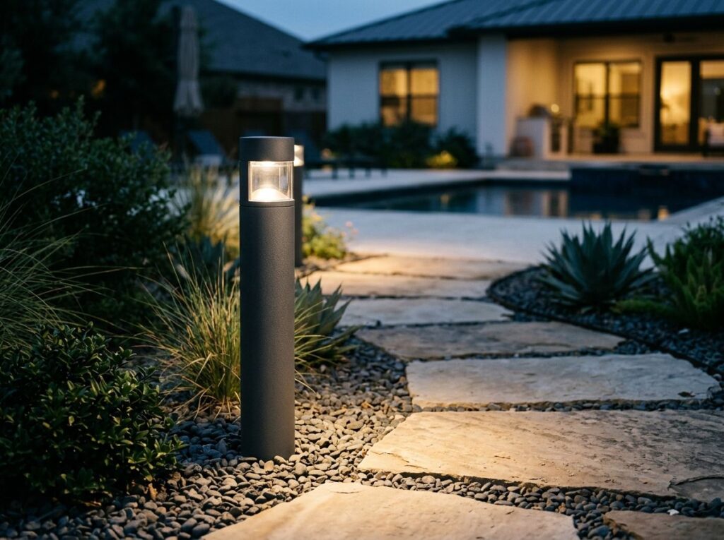 Modern Bollard Light landscape lighting bollard in matte black, casting a soft glow along a pathway.