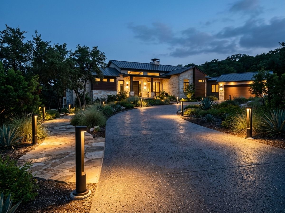 Modern Bollard Light landscape lighting fixture in matte black along a pathway casting a soft downward glow.
