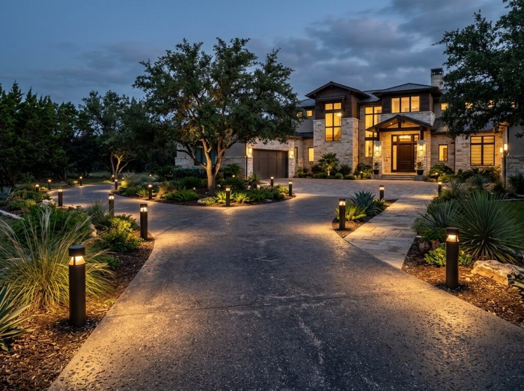 Modern Bollard Light pathway bollard light in black finish illuminating walkway for landscape lighting.