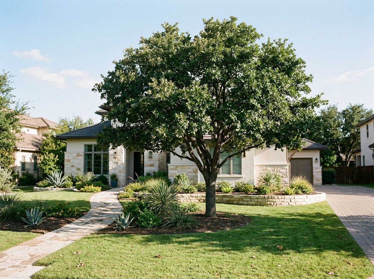 Monterrey Oak tree with broad green canopy and sturdy trunk on white background.